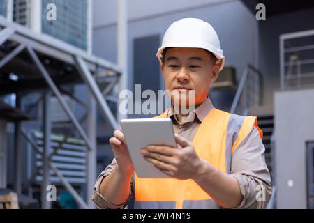 Focused Asian engineer with hard hat using digital tablet at industrial site. Technology and engineering concept. Stock Photo