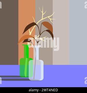 Art illustration color. Green yam leaf trees on a vase, pot and bottle Stock Vector