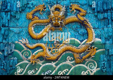 One of the glazed tiles of the Nine Dragons Screen, Palace of Tranquil Longevity, taken in 1995, Forbidden City, Beijing, China Stock Photo