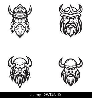 Black White Man with Beard Mustache Wearing Viking Helmet Drawing for Ancient Norse Nordic Warrior Knight Face illustration logo design Stock Vector