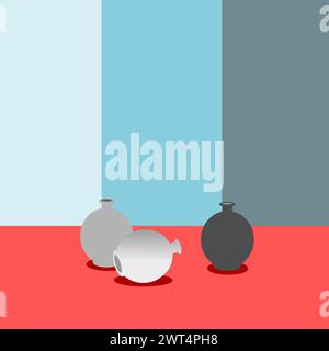 Art illustration color. Green yam leaf trees on a vase, pot and bottle Stock Vector