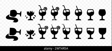Set of wine glass with alcohol, straw, fallen and broken, graphic design. Drink and drinking, beverage, bar, wine, vermouth and sherry, vector design Stock Vector