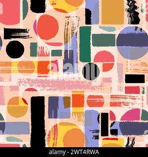 Contemporary art seamless pattern background. Abstract grunge geometric shapes. Hand drawn pink, black, purple, green, orange circles, rectangles, squ Stock Photo