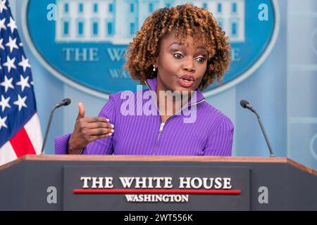 Washington, Vereinigte Staaten. 15th Mar, 2024. White House press secretary Karine Jean-Pierre speaks during a press briefing at the White House in Washington, Friday, March 15, 2024. Credit: Nathan Howard/Pool via CNP/dpa/Alamy Live News Stock Photo