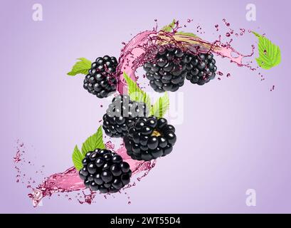 Fresh blackberries and juice in air on violet background Stock Photo