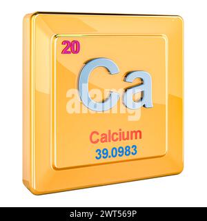 Calcium Ca, chemical element sign with number 20 in periodic table. 3D rendering isolated on white background Stock Photo