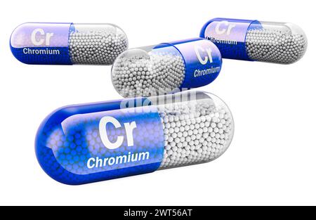 Capsules with chromium Cr, dietary supplement. 3D rendering isolated on white background Stock Photo