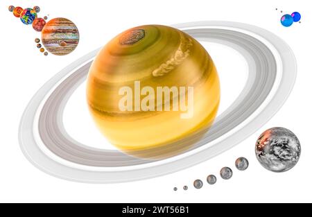Planets of Solar system with satellites. 3D rendering isolated on white ...
