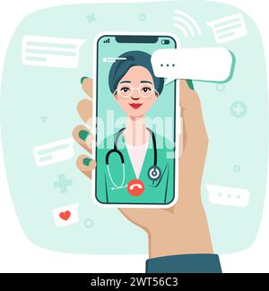 Online consultation with a doctor. Video call with doctor. Online medical services, consultation and telemedicine concept. Stock Vector