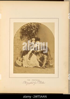 The Proposal. T. T. Bolton, photographer 1859 A staged scene with a man and a woman sitting beside a brick wall with ivy growing down the side. The woman is wearing a striped dress with a lace shawl and is holding a fan. The man is in costume wearing a fur hat, embroidered coat and decorative gaiters. A guitar is resting on the ground beside the two. (Recto, mount) lower center, below image, black letterpress: 'THE PROPOSAL./Photographed by T. Bolton.'; Stock Photo