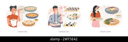 Asian food isolated concept vector illustration set. Chinese and Japanese food, Korean cuisine, oriental restaurant menu, asian spice, sushi takeout, dim sum, chopsticks eating vector concept. Stock Vector