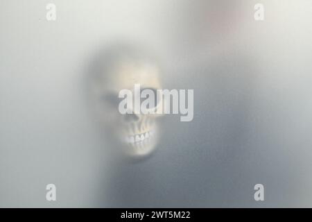 Silhouette of creepy ghost with skull behind cloth, space for text Stock Photo