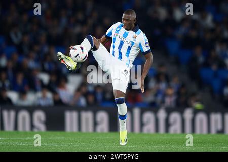 Hamari Traore of Real Sociedad with the ball during the LaLiga EA Sports match between Real Sociedad and Cadiz CF at Reale Arena Stadium on March 15, 2024, in San Sebastian, Spain. Credit: Cesar Ortiz Gonzalez/Alamy Live News Stock Photo