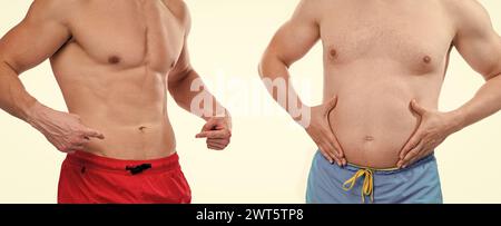 cropped view of men with belly abs comparison, pointing finger. photo of men with belly abs Stock Photo