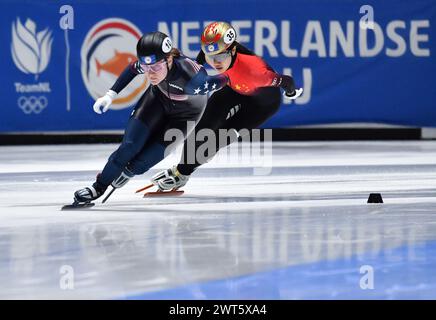 Rotterdam, Netherlands. 15th Mar, 2024. Wang Ye (R) of China competes during the women's 1000m heat at the ISU World Short Track Speed Skating Championships 2024 in Rotterdam, the Netherlands, March 15, 2024. Credit: Lian Yi/Xinhua/Alamy Live News Stock Photo