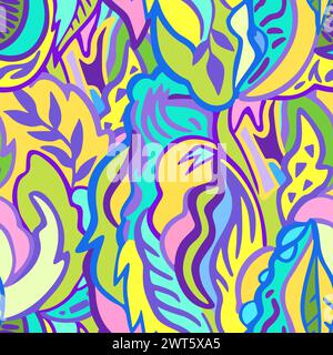 Colorful seamless pattern with chaotic floral and psychedelic abstract elements. Vector illustration. Stock Vector