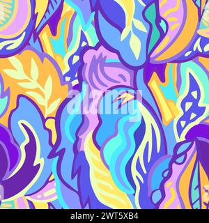 Colorful seamless pattern with chaotic floral and psychedelic abstract elements. Vector illustration. Stock Vector