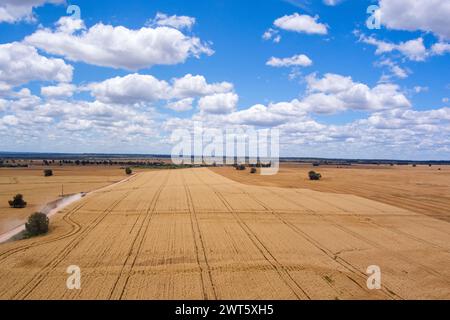 Aerial of rural road passing through wheat fields near Wallumbilla on the Maranoa Queensland Australia Stock Photo