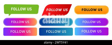 follow us rectangle shape label sticker button web media technology internet Stock Vector