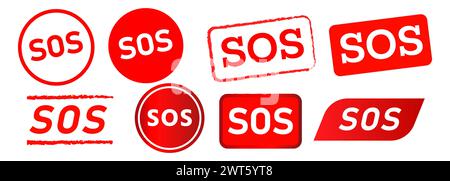 sos rectangle circle stamp and button label sticker for warning emergency service Stock Vector