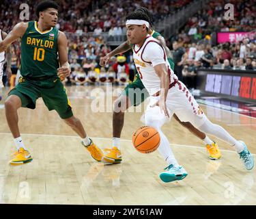 MAR 15 2024: Iowa State Cyclones guard Tamin Lipsey (3) drives the ball against Baylor Bears guard RayJ Dennis (10) in the Semi Finals of the Big 12 Championship Tournament at T-Mobile center, Kansas City, Missouri. Jon Robichaud/CSM. Stock Photo