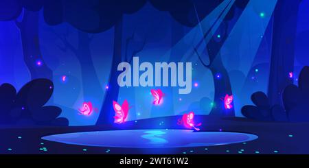 Magic fireflies over small lake in dream forest at night under beams of moon light. Cartoon dark blue vector fantasy landscape with trees and bushes, Stock Vector