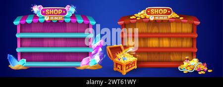 Empty shop window with diamonds and gold jewelry treasure in chest for game ui design. Cartoon vector set of store wooden cabinet with shelves and can Stock Vector
