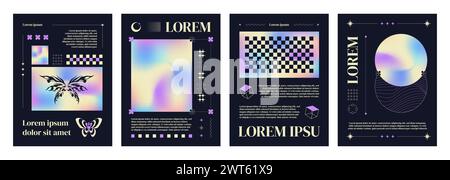Poster in y2k trendy style with holographic frames, grid and tribal elements, typography on black background. Vector set of banner template in 90s and Stock Vector