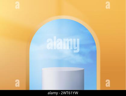 White product podium standing under arch window hole in pastel yellow wall with blue sky with clouds on background. Realistic vector simple minimal cy Stock Vector