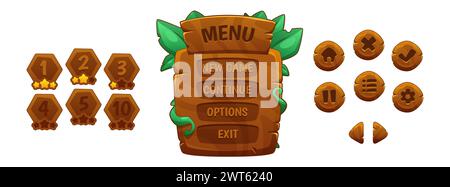 Jungle game ui design elements set - wood menu frame with green tropical leaves, round buttons and level asset with star rating. Cartoon vector illust Stock Vector