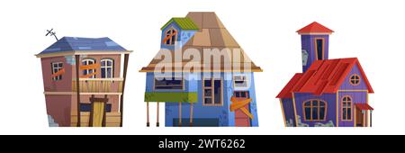 Broken abandoned house buildings with windows and door closed with wooden boards, destroyed cracked dirty walls with moss, damaged roof. Cartoon vecto Stock Vector