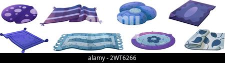 Blue carpet of different shape and size with pattern. Cartoon vector illustration set of cozy round and rectangular fabric cloth rug and mat with tass Stock Vector