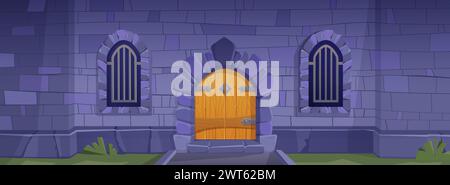 Medieval castle stone wall with wooden close doors in form of arch. Old brick pillar with double gate and windows with bars. Cartoon ancient kingdom f Stock Vector