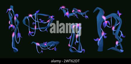 Night forest liana vines isolated on black background. Vector cartoon illustration of exotic tropical tree branches, dark leaves, neon pink flowers gl Stock Vector