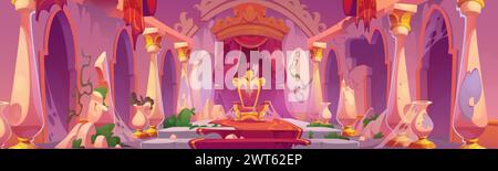 Old abandoned castle hall with king throne. Cartoon vector illustration of royal palace room interior with damaged walls and stone columns, torn curta Stock Vector