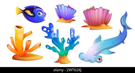 Set of fish, seaweeds and coral reefs isolated on white background. Vector cartoon illustration of underwater seabed or aquarium bottom design element Stock Vector