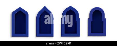 Traditional Arab frame for Islam holiday design. Realistic vector illustration set of blue arch windows or borders with empty space for text. Classica Stock Vector