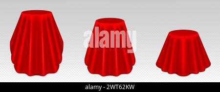 Round product podium or table covered with red curtain. Realistic vector set of silk cloth drapery on box for unveil surprise or presentation and disp Stock Vector