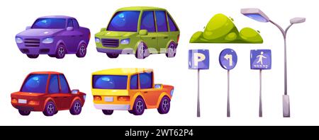 Car parking elements set isolated on white background. Vector cartoon illustration of different color modern autos, traffic signs with arrow and pedes Stock Vector