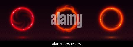 Magic circle portal with fire, neon glow and sparks on black background. Realistic vector illustration set of light ring with red and orange hot flare Stock Vector