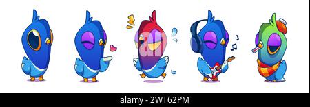 Cute funny pigeon cartoon character emoticon collection with different poses and face expression. Vector set of blue dove stand and send air kiss, ang Stock Vector