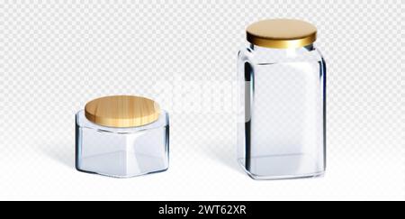 Glass transparent low and high jar mockup closed with wooden and metal cap. Realistic vector set of blank plastic kitchen container for product storag Stock Vector