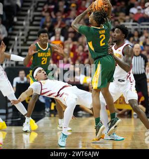 MAR 15 2024:Baylor Bears guard Jayden Nunn (2) is called for an offensive foul against Iowa State Cyclones guard Tamin Lipsey (3) in the Semi Finals of the Big 12 Championship Tournament at T-Mobile center, Kansas City, Missouri. Jon Robichaud/CSM. Stock Photo