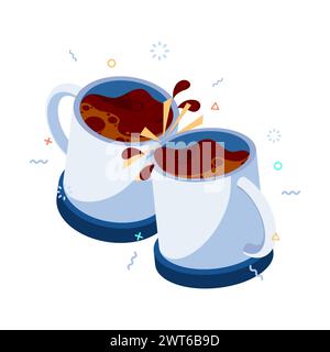 Flat 3d Isometric Clinking Coffee Mugs. Coffee Break Concept. Stock Vector