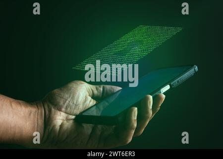 Smartphone with glowing computer binary code and keyhole. Cyber security concept. Stock Photo