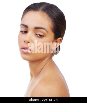 Beauty, woman or thinking of skincare, facial or cosmetology as wellness, natural makeup or glow. Idea, female person or flawless skin in cosmetic Stock Photo