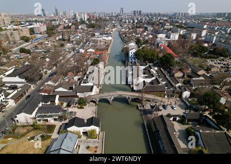 An aerial view of a historical village in Songjiang, Shanghai, China Stock Photo