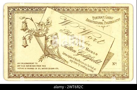Reverse of original, charming, illustrated with flowers, Carte de Visite (visiting card or CDV) photographic studio of W. Wort, Ashby House, Sutton Coldfield, Warwickshire (now Birmingham) U.K. Circa 1885. Stock Photo