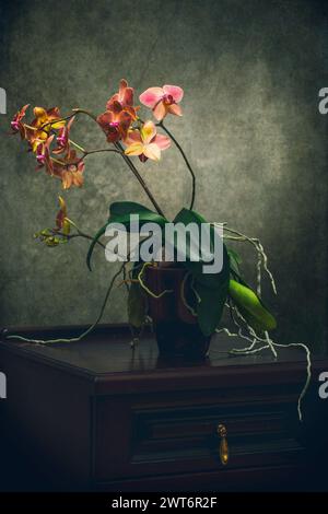 Phalaenopsis orchid bush in a pot on a dark background Stock Photo