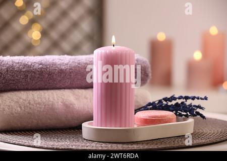 Beautiful composition with different spa products on table indoors Stock Photo